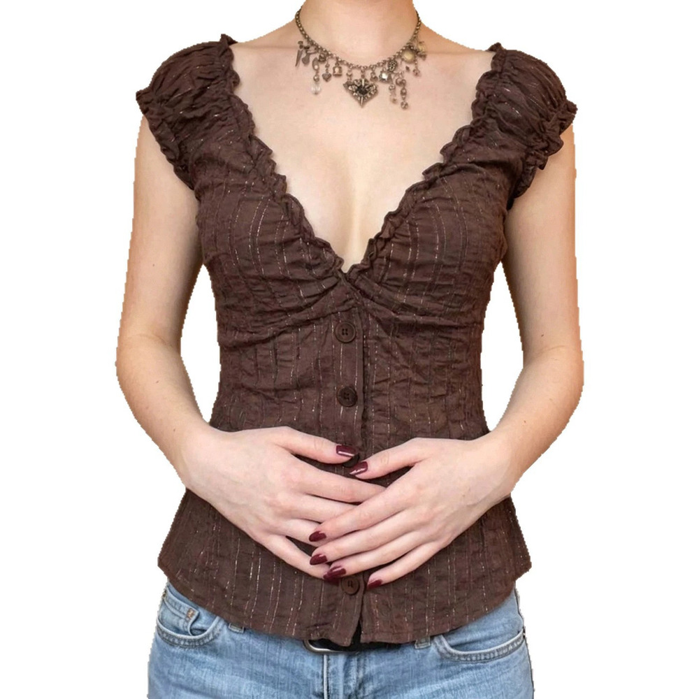 Zara Striped Ruffle Button Front Fitted Blouse - Picture 5 of 7